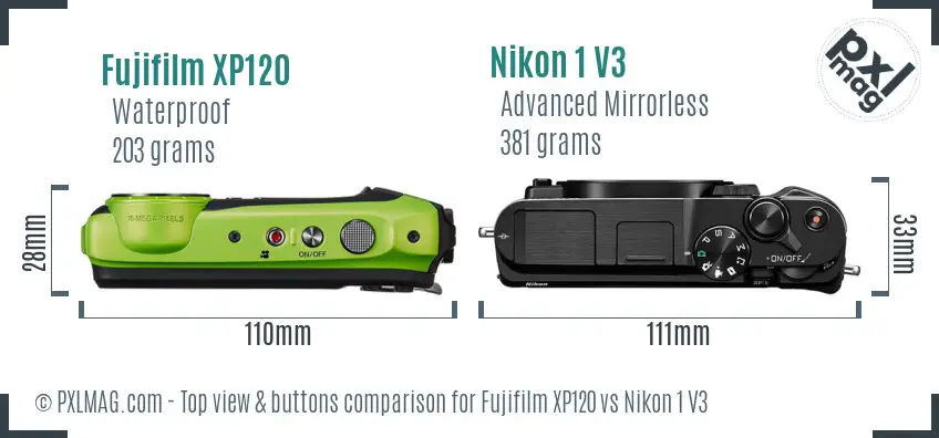 Fujifilm XP120 vs Nikon 1 V3 top view buttons comparison
