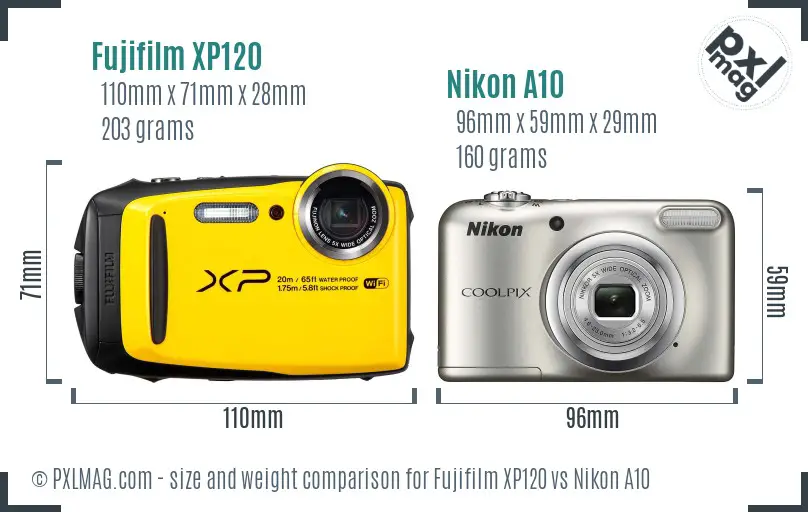 Fujifilm XP120 vs Nikon A10 size comparison