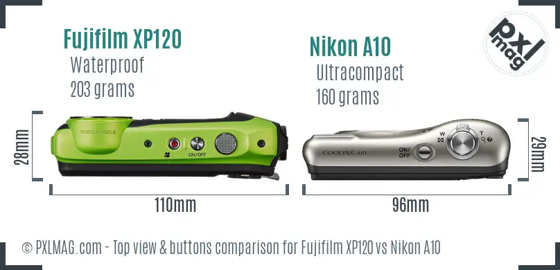 Fujifilm XP120 vs Nikon A10 top view buttons comparison