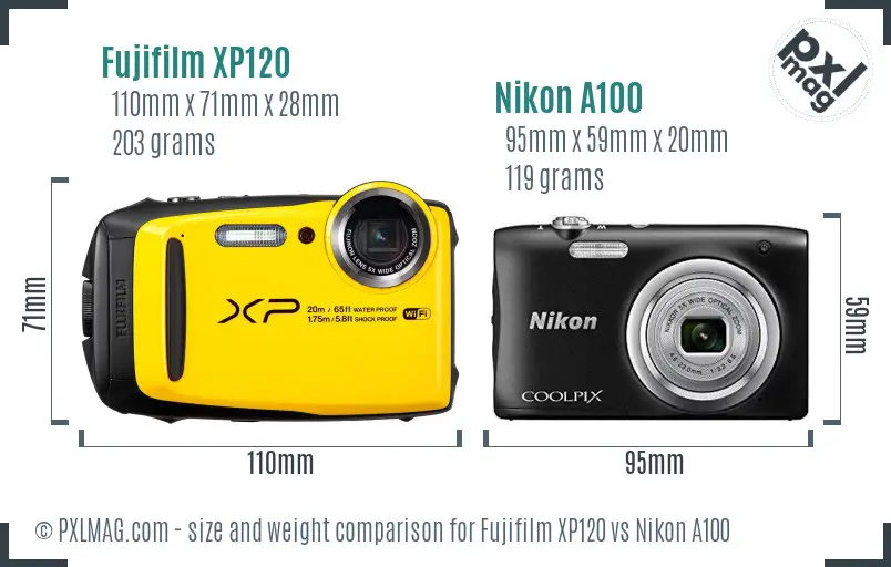 Fujifilm XP120 vs Nikon A100 size comparison