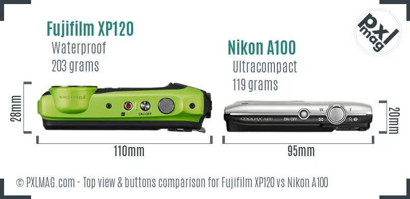 Fujifilm XP120 vs Nikon A100 top view buttons comparison