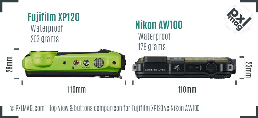 Fujifilm XP120 vs Nikon AW100 top view buttons comparison