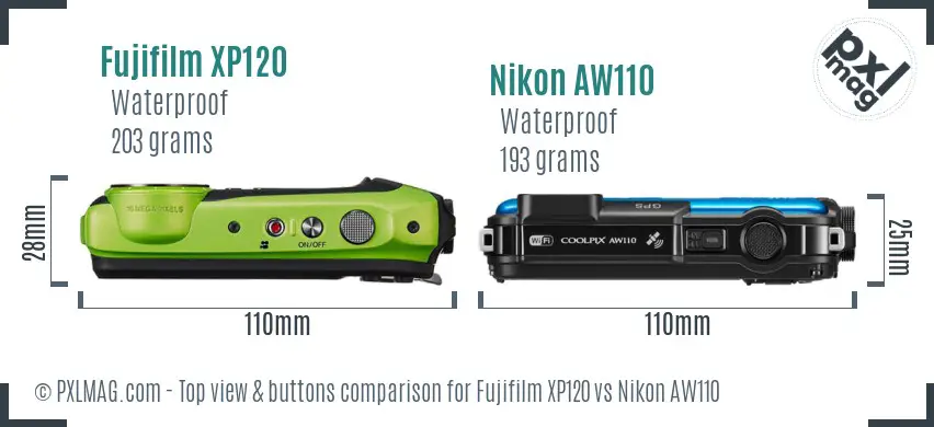 Fujifilm XP120 vs Nikon AW110 top view buttons comparison Fujifilm XP120 vs Nikon AW110 top view buttons comparison