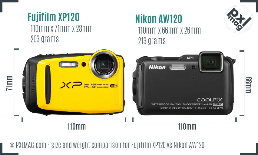 Fujifilm XP120 vs Nikon AW120 size comparison