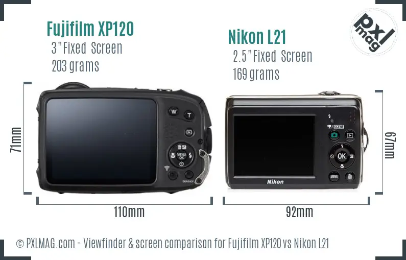 Fujifilm XP120 vs Nikon L21 Screen and Viewfinder comparison