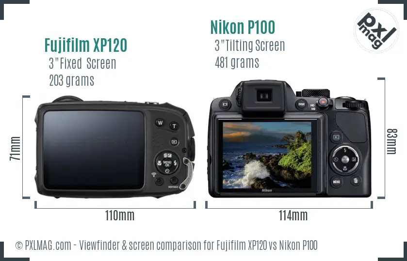 Fujifilm XP120 vs Nikon P100 Screen and Viewfinder comparison
