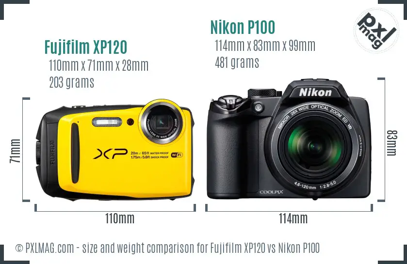 Fujifilm XP120 vs Nikon P100 size comparison