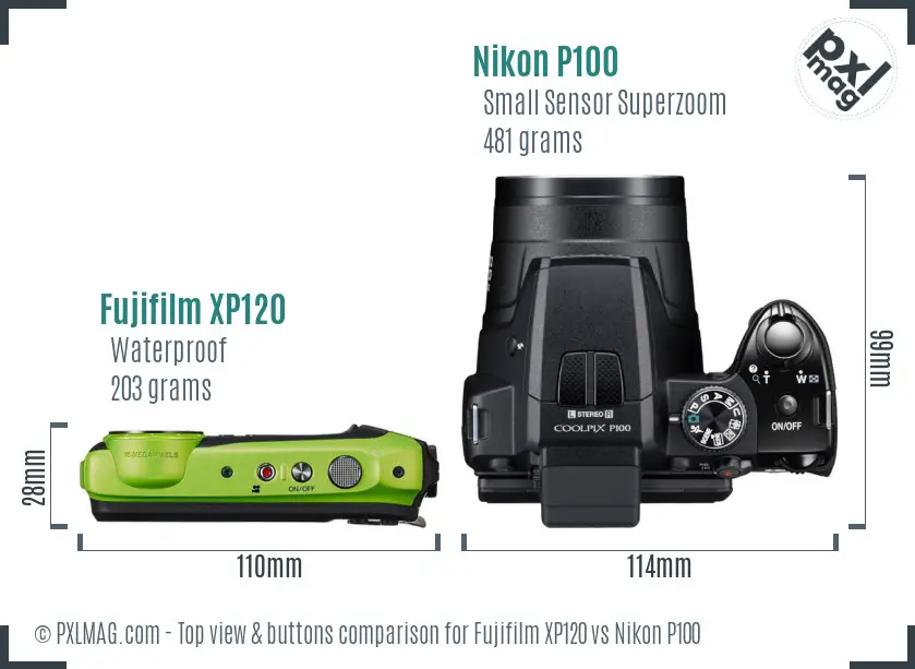 Fujifilm XP120 vs Nikon P100 top view buttons comparison