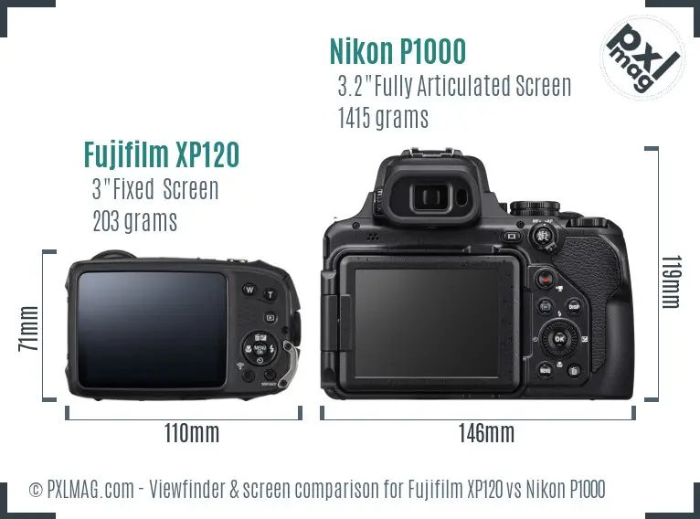Fujifilm XP120 vs Nikon P1000 Screen and Viewfinder comparison