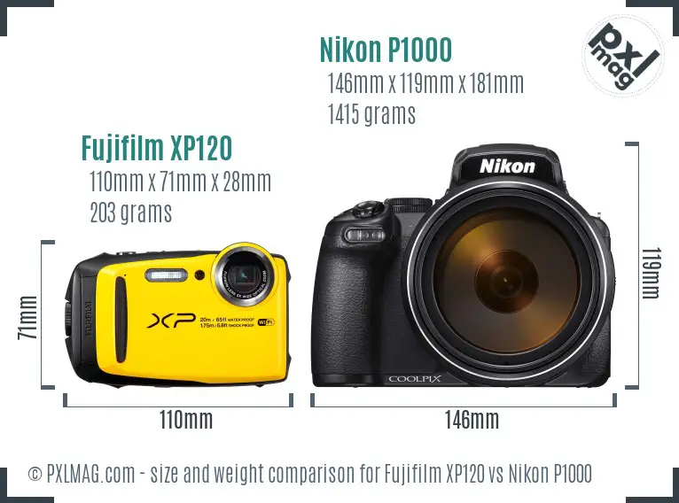 Fujifilm XP120 vs Nikon P1000 size comparison