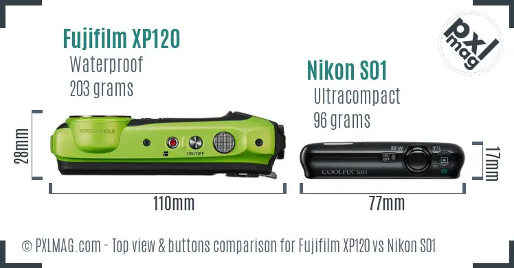 Fujifilm XP120 vs Nikon S01 top view buttons comparison