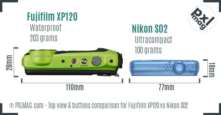 Fujifilm XP120 vs Nikon S02 top view buttons comparison