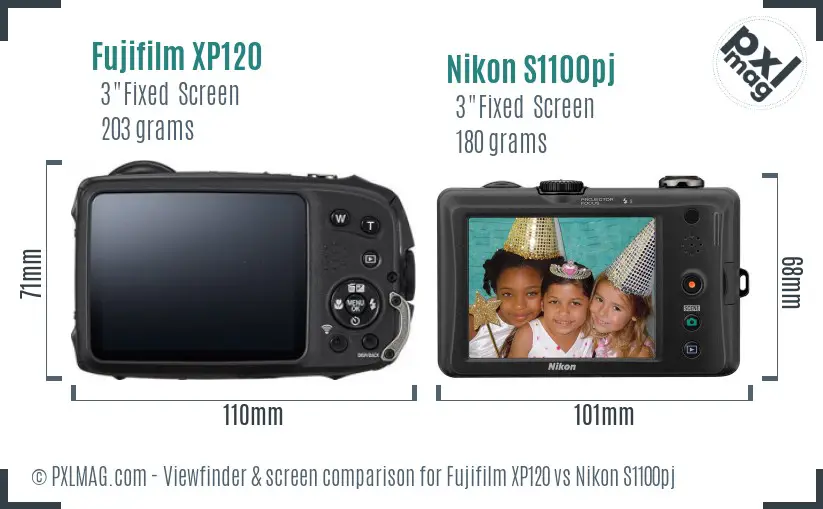 Fujifilm XP120 vs Nikon S1100pj Screen and Viewfinder comparison