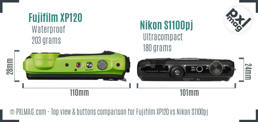 Fujifilm XP120 vs Nikon S1100pj top view buttons comparison