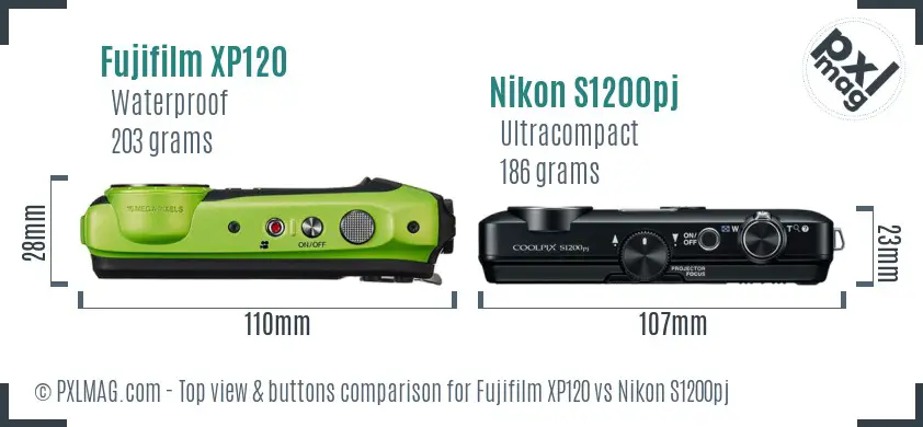 Fujifilm XP120 vs Nikon S1200pj top view buttons comparison