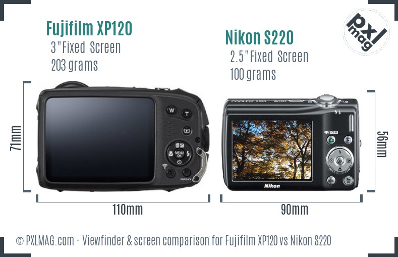 Fujifilm XP120 vs Nikon S220 Screen and Viewfinder comparison
