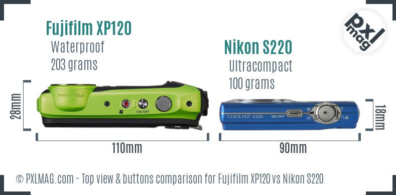 Fujifilm XP120 vs Nikon S220 top view buttons comparison
