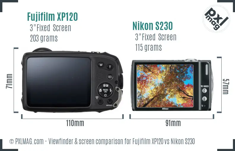 Fujifilm XP120 vs Nikon S230 Screen and Viewfinder comparison