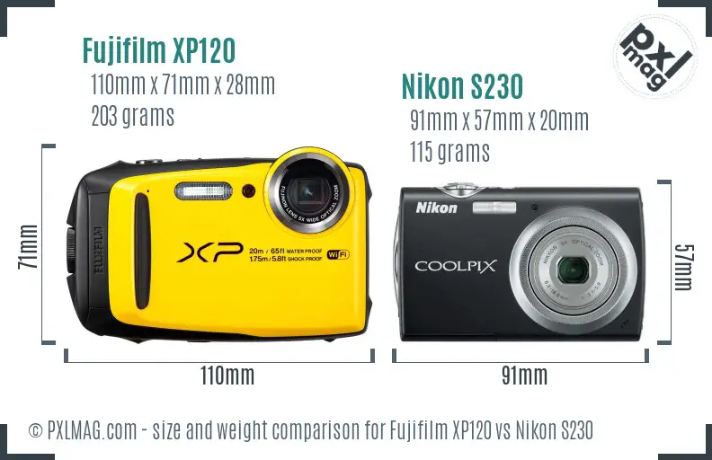 Fujifilm XP120 vs Nikon S230 size comparison