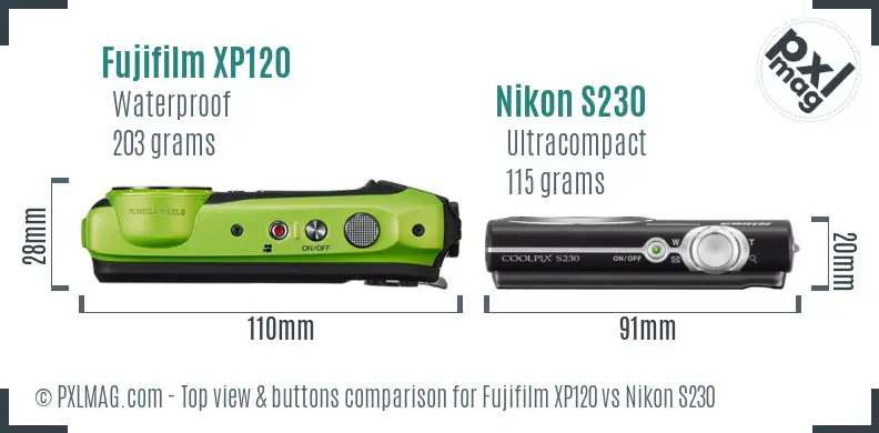 Fujifilm XP120 vs Nikon S230 top view buttons comparison