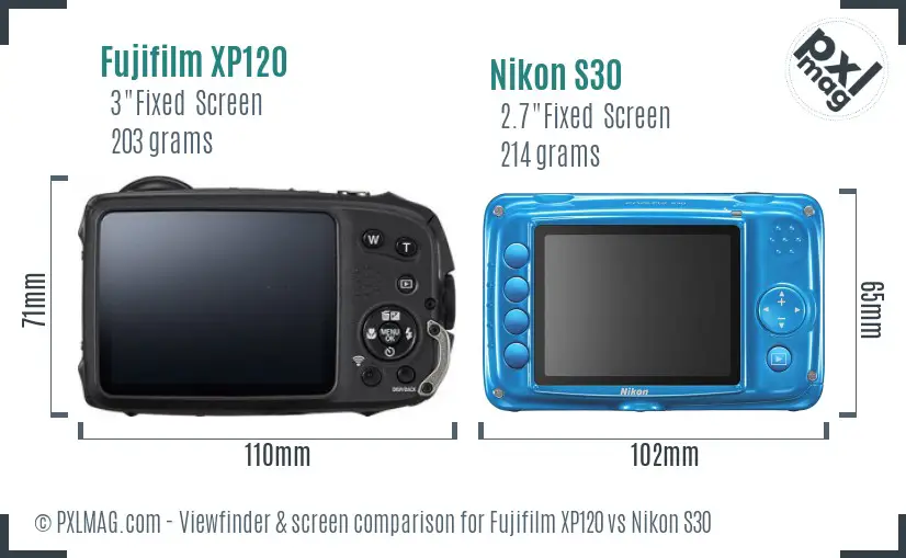 Fujifilm XP120 vs Nikon S30 Screen and Viewfinder comparison