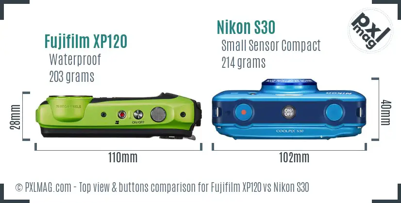 Fujifilm XP120 vs Nikon S30 top view buttons comparison