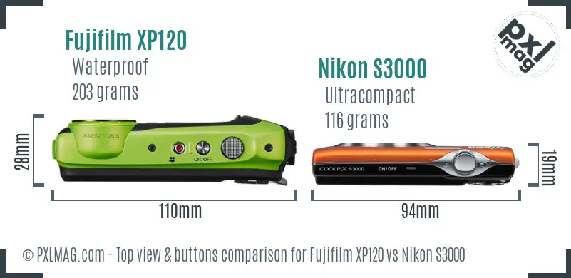 Fujifilm XP120 vs Nikon S3000 top view buttons comparison