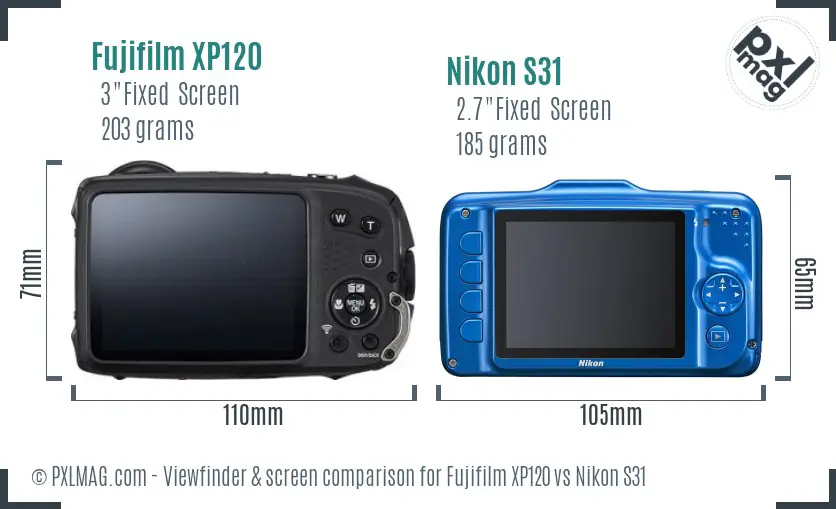 Fujifilm XP120 vs Nikon S31 Screen and Viewfinder comparison