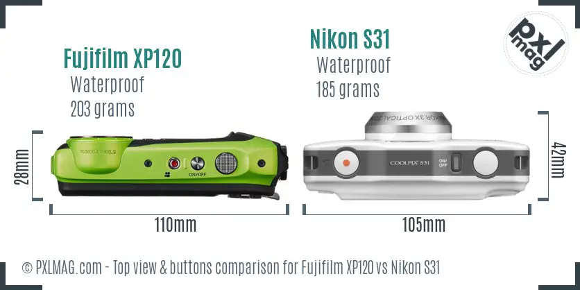 Fujifilm XP120 vs Nikon S31 top view buttons comparison
