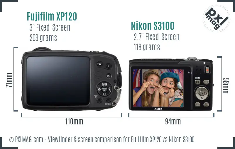Fujifilm XP120 vs Nikon S3100 Screen and Viewfinder comparison