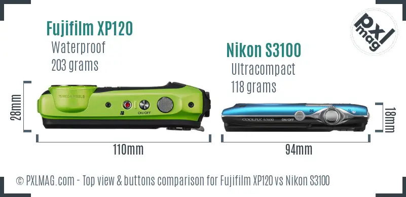 Fujifilm XP120 vs Nikon S3100 top view buttons comparison