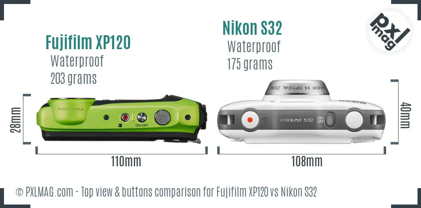 Fujifilm XP120 vs Nikon S32 top view buttons comparison