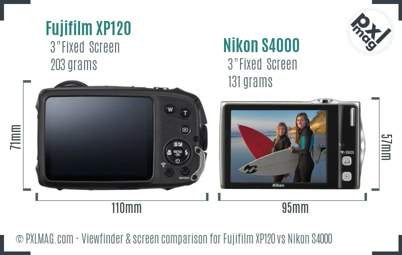 Fujifilm XP120 vs Nikon S4000 Screen and Viewfinder comparison