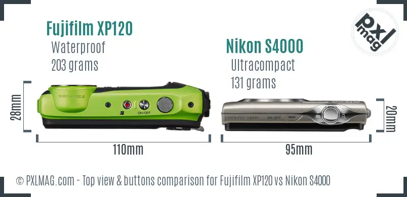 Fujifilm XP120 vs Nikon S4000 top view buttons comparison