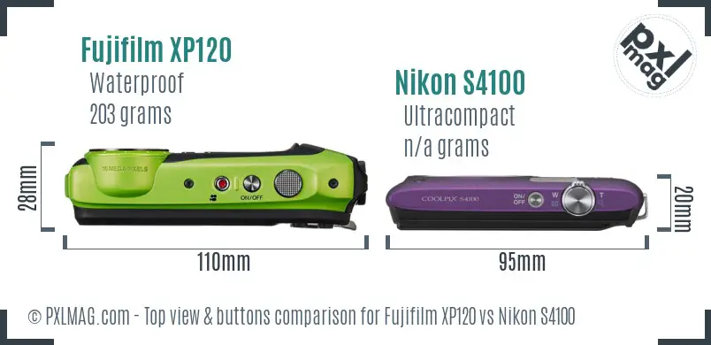 Fujifilm XP120 vs Nikon S4100 top view buttons comparison Fujifilm XP120 vs Nikon S4100 top view buttons comparison