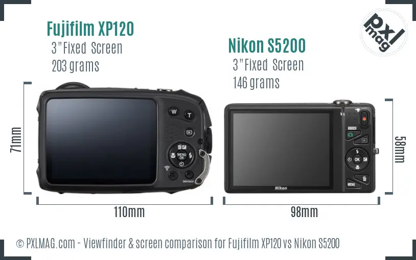 Fujifilm XP120 vs Nikon S5200 Screen and Viewfinder comparison