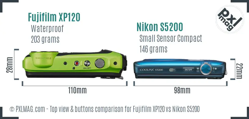 Fujifilm XP120 vs Nikon S5200 top view buttons comparison