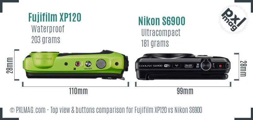 Fujifilm XP120 vs Nikon S6900 top view buttons comparison Fujifilm XP120 vs Nikon S6900 top view buttons comparison