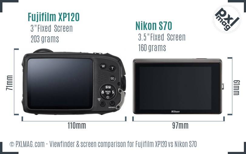 Fujifilm XP120 vs Nikon S70 Screen and Viewfinder comparison