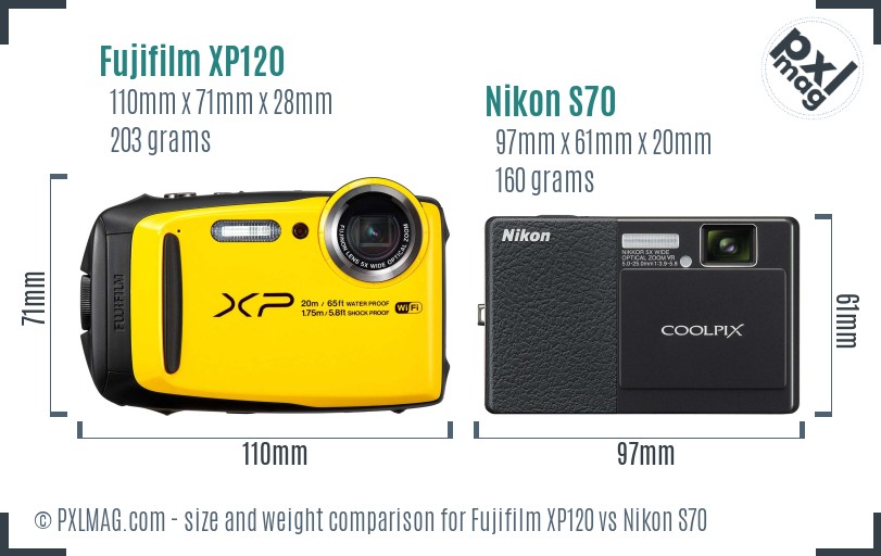 Fujifilm XP120 vs Nikon S70 size comparison