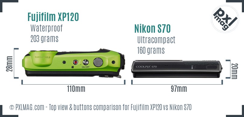 Fujifilm XP120 vs Nikon S70 top view buttons comparison