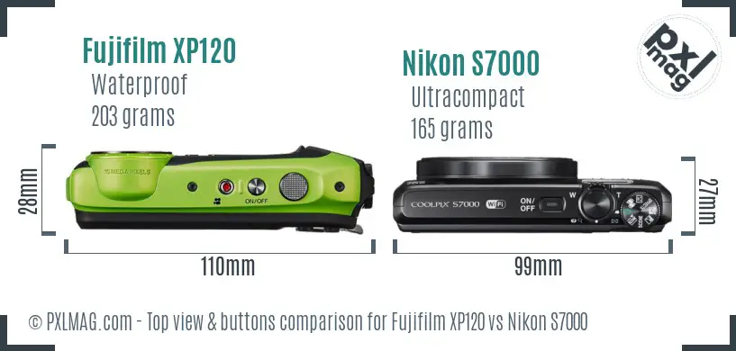 Fujifilm XP120 vs Nikon S7000 top view buttons comparison
