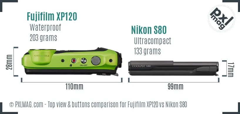 Fujifilm XP120 vs Nikon S80 top view buttons comparison