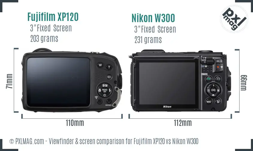 Fujifilm XP120 vs Nikon W300 Screen and Viewfinder comparison