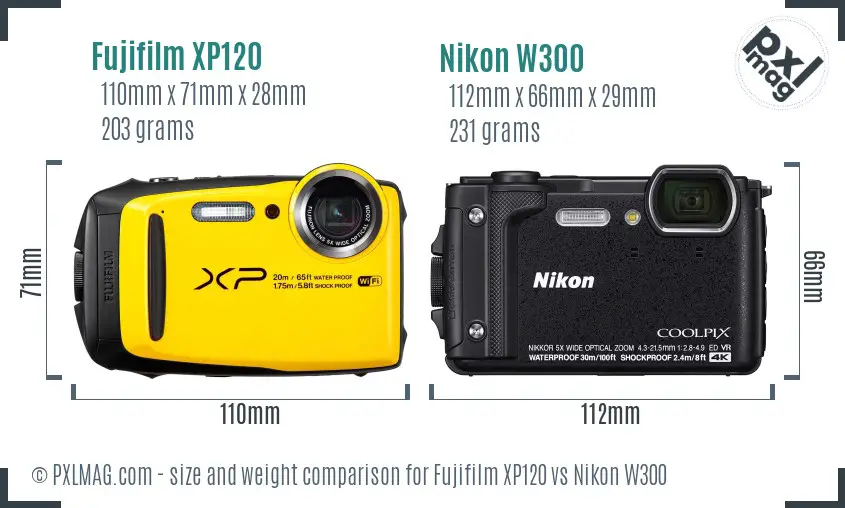 Fujifilm XP120 vs Nikon W300 size comparison