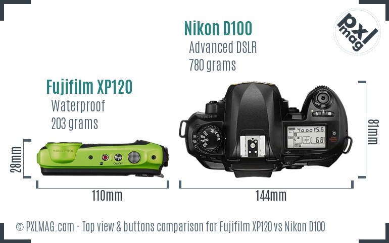 Fujifilm XP120 vs Nikon D100 top view buttons comparison