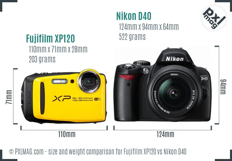 Fujifilm XP120 vs Nikon D40 size comparison