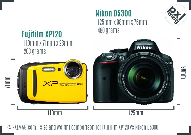 Fujifilm XP120 vs Nikon D5300 size comparison