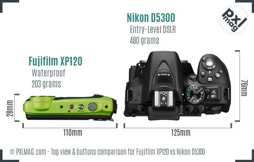 Fujifilm XP120 vs Nikon D5300 top view buttons comparison