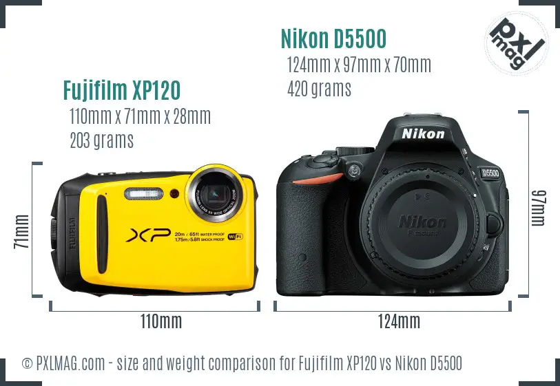 Fujifilm XP120 vs Nikon D5500 size comparison